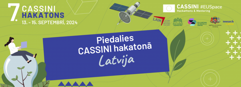 Plakāts ar uzrakstu "Piedalies CASSINI hakatonā Latvija"