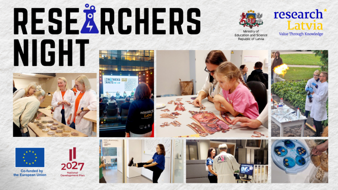 A collage of photos from the Researchers Nigt: a daughter and her mother are putting together a puzzle that creates a picture of human internal organs, two other girls are looking at biological samples arranged in glass containers on a table, in another there is a fire show, scientist is talking about his work to the event's visitors