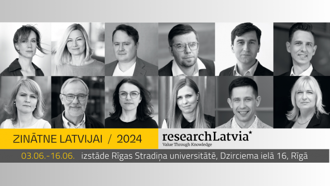 Zinātne Latvijai izstādes plakāts ar 12 melnbaltām pētnieku fotogrāfijām