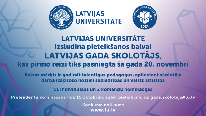 Latvijas gada skolotājs plakāts uz zili violeta fona