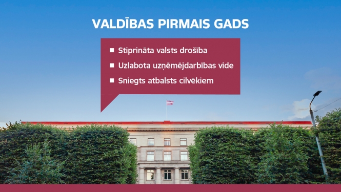 Ministru kabineta ēka no ārpuses uz zilu debesu fona. Augšpusē uzraksts "Valdības pirmais gads"