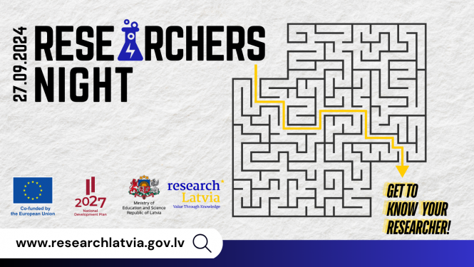 Poster of the Researchers night event with a drawn labyrinth, the exit of which is indicated by a yellow arrow, as well as the logo of the Ministry of Education and Science, the European Union and the National Development Plan