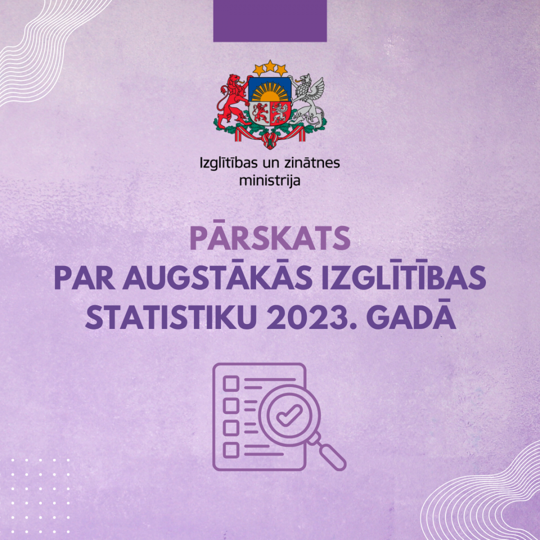 Uz violeta fona uzraksts "Latvijas augstākās izglītības statistikas pārskats par 2023. gadu" un Izglītības un zinātnes ministrijas logo 