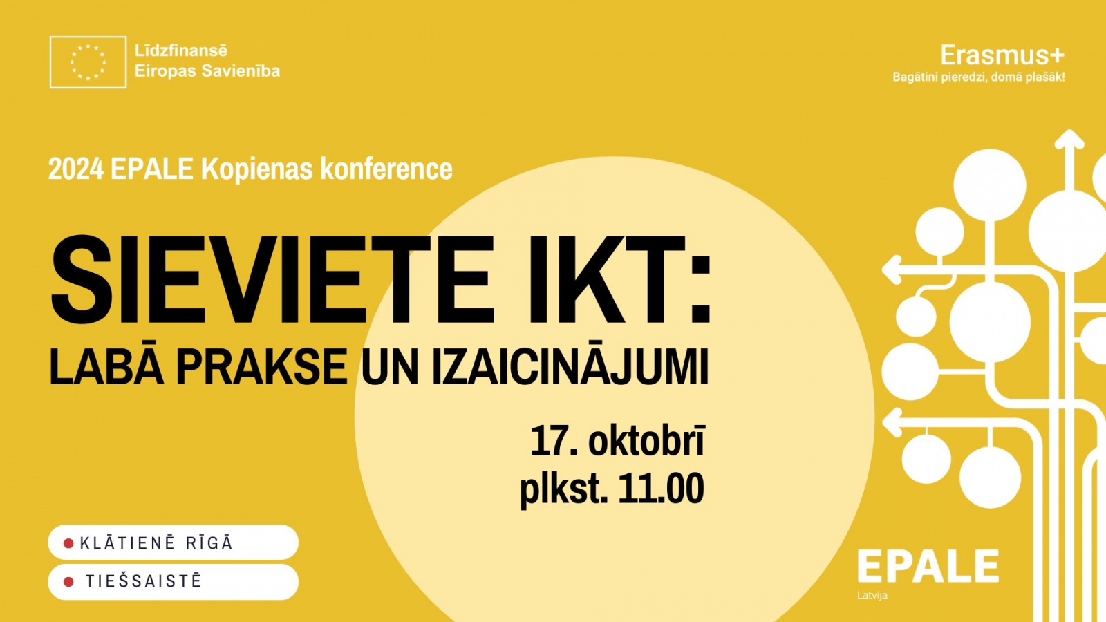 Uz dzeltena fona melniem burtiem uzraksts, par konferenci "Sieviete IKT"