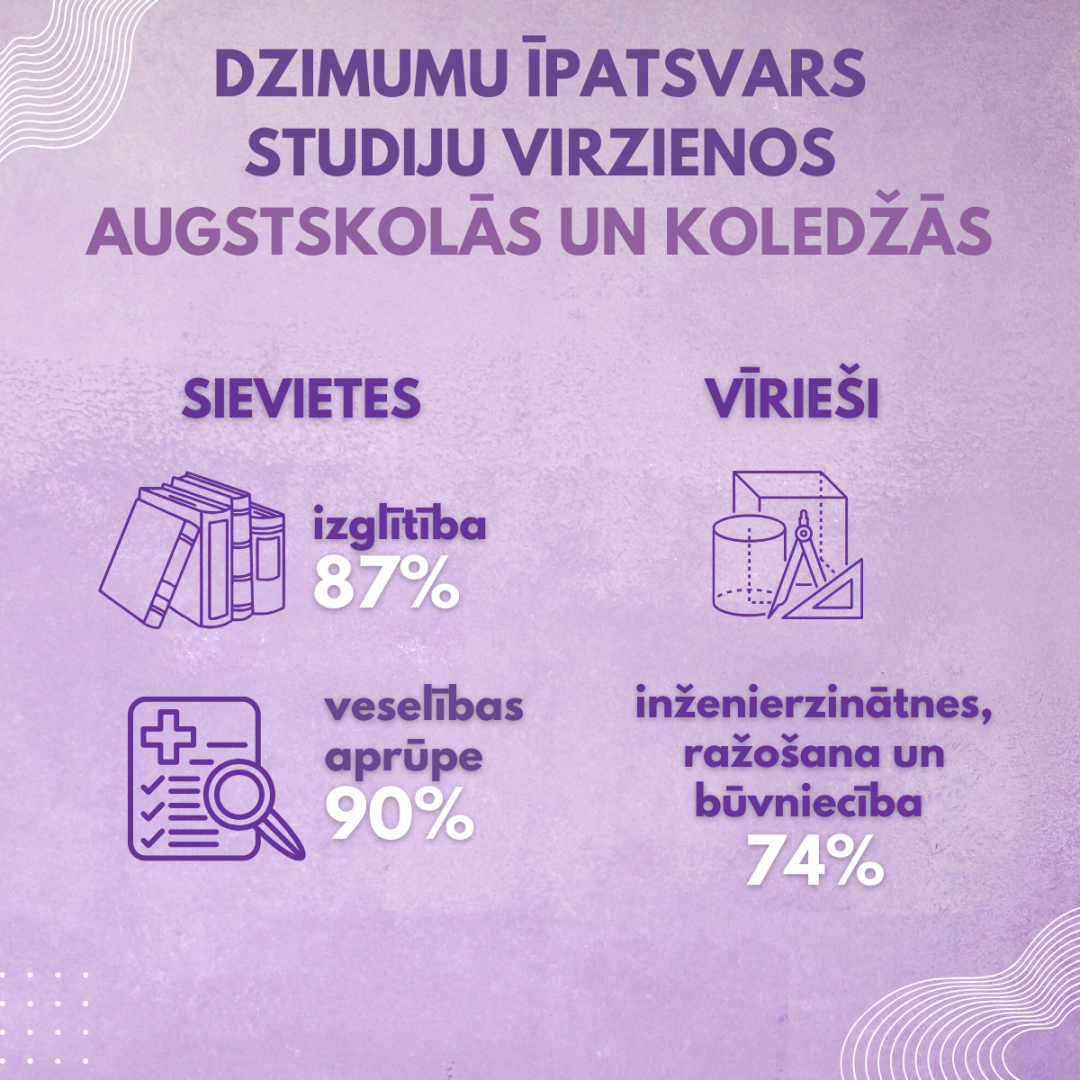 Dzimumu īpatsvars studiju virzienos augstskolās un koledžās - sievietes izglītības jomā 87%, veselības aprūpē 90%, inženierzinātnēs, ražošana un būvniecībā - 74%.