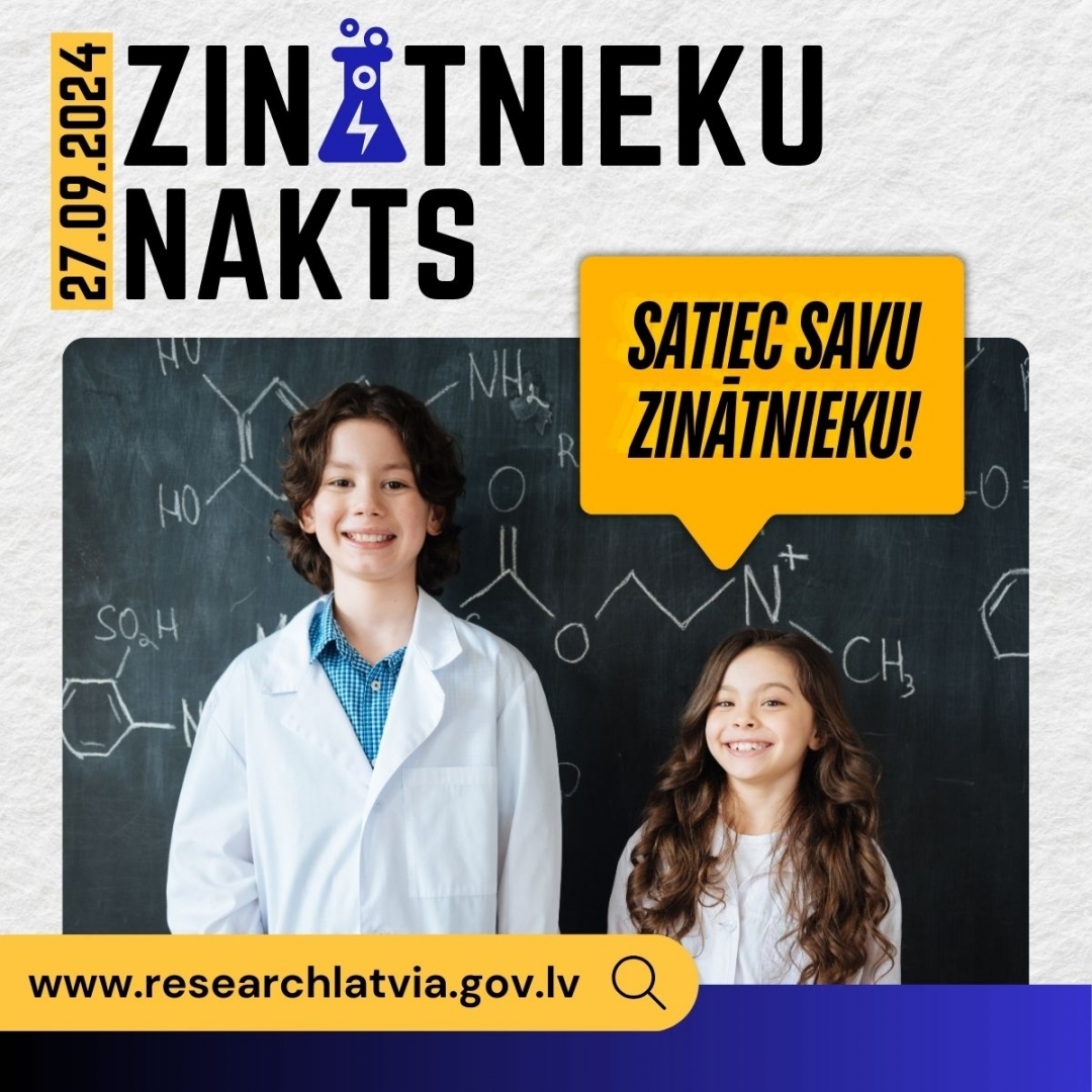 Zinātnieku nakts plakāts, kura redzami divi bēni pie zaļas tāfeles, kur ar krītu uzrakstītas ķīmijas formulas