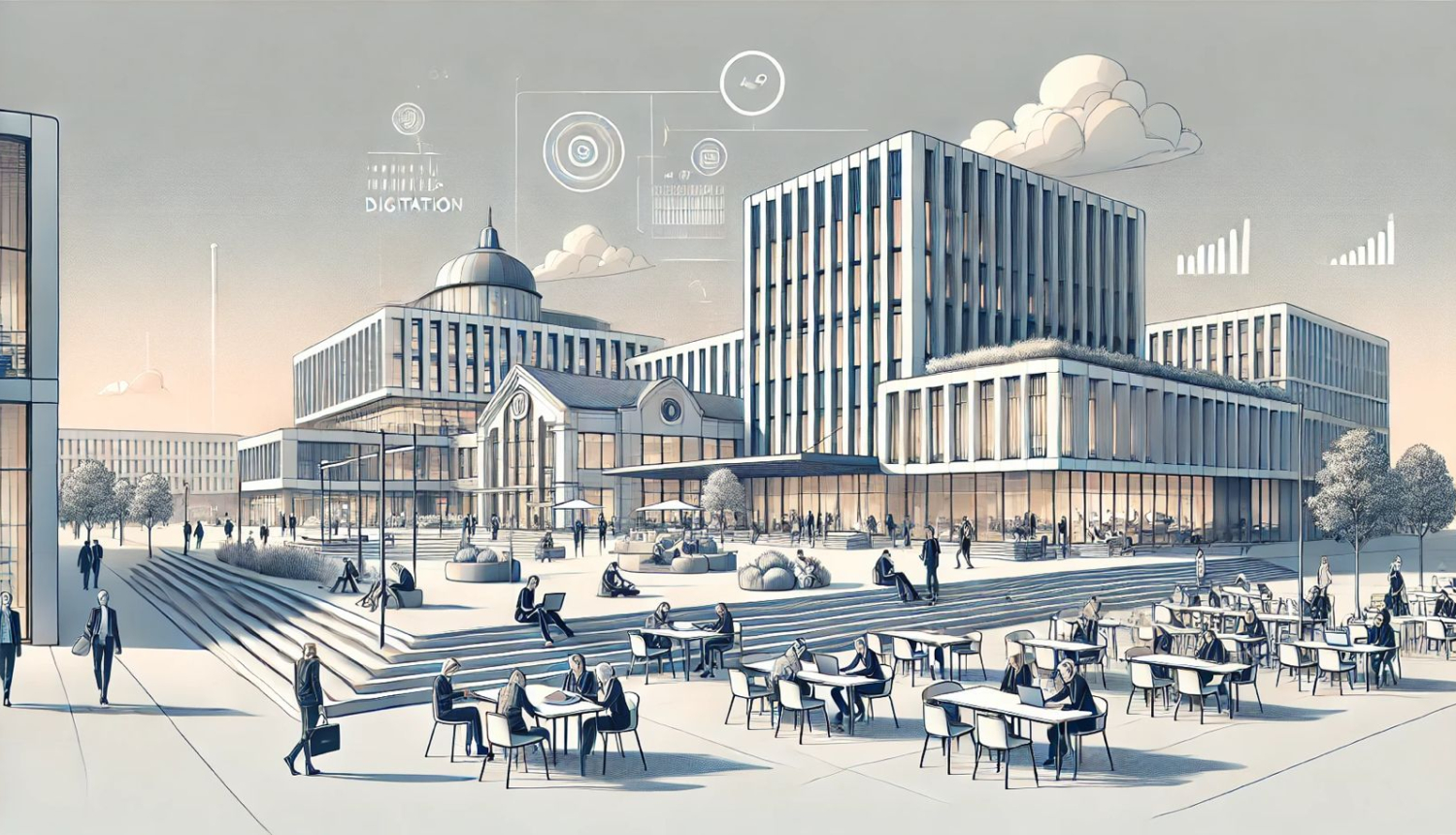 Buildings, people sitting at tables, digital symbols in the background. Image generated by AI.