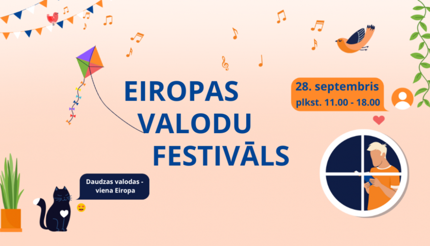 Eiropas Valodu festivāla plakāts, kur redzams nosaukums, neliels melns kaķis, pusis aiz loga un gaisa pūķis. 