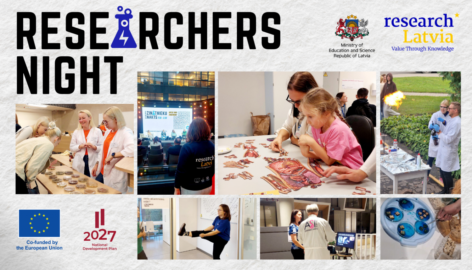 A collage of photos from the Researchers Nigt: a daughter and her mother are putting together a puzzle that creates a picture of human internal organs, two other girls are looking at biological samples arranged in glass containers on a table, in another there is a fire show, scientist is talking about his work to the event's visitors