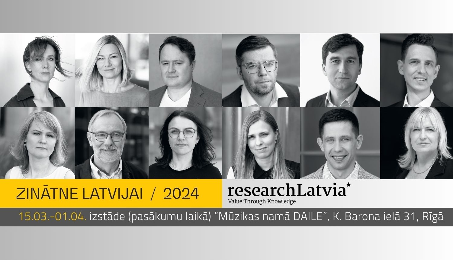 Izstādes “Zinātne Latvijai 2024” plakāts, kurā melnbaltās fotogrāfijās redzami visi 12 pētnieki un pētnieces, kas iekļauti 2024. gada zinātnes kalendārā