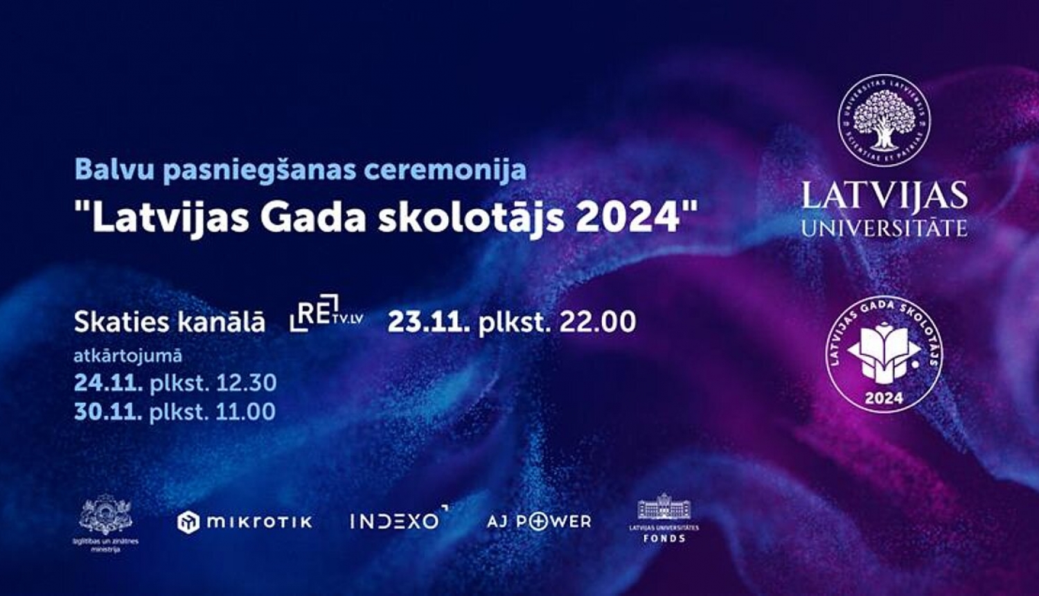 Uz zili violeta fona uzraksts "Latvijas Gada skolotājs 2024" 