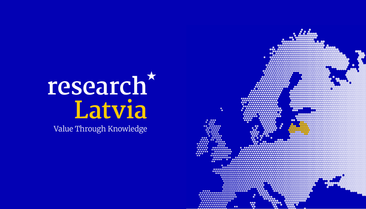 Uz zila fona uzraksts researchLatvia un labajāsānā Eiopas kontūrkarte ar dzeltenā krāsā iekrāsotu Latvijas teritoriju