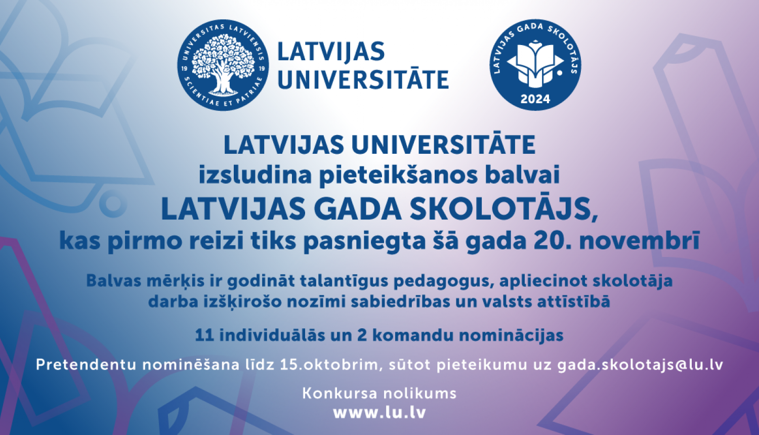 Latvijas gada skolotājs plakāts uz zili violeta fona