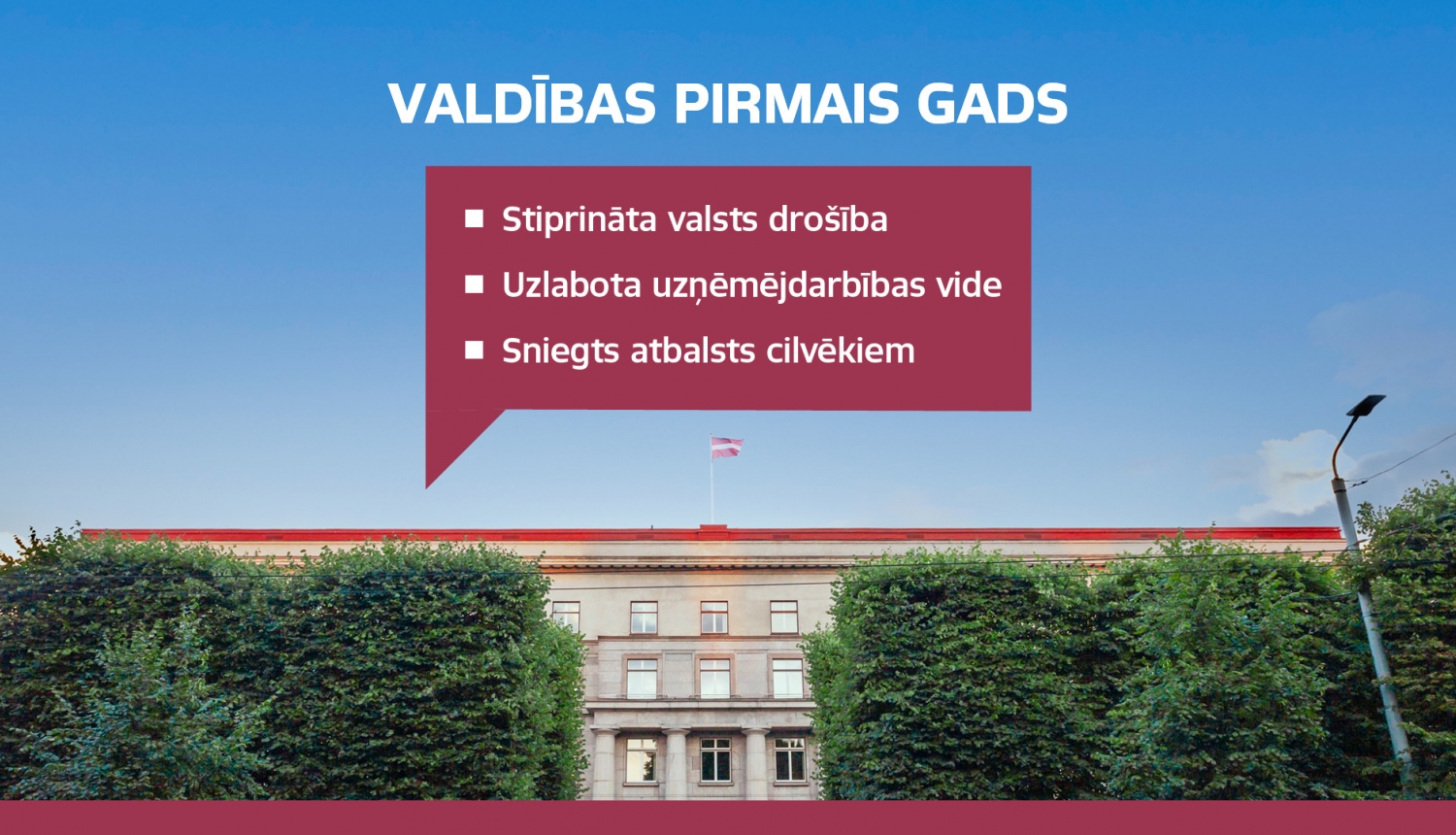 Ministru kabineta ēka no ārpuses uz zilu debesu fona. Augšpusē uzraksts "Valdības pirmais gads"